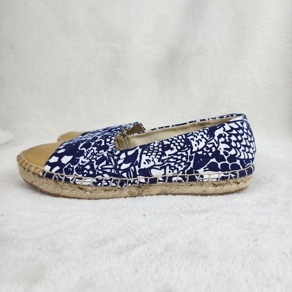 Lily Pulitzer Womens Blue White Floral Canvas Gold Toe Espadrill Slip On Flats 6 - Picture 3 of 8